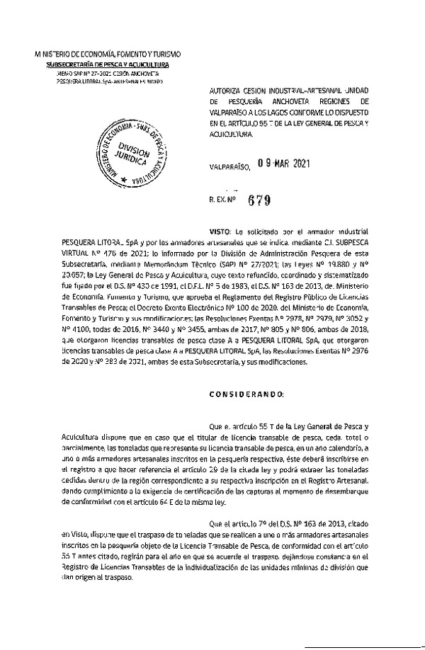 Res. Ex. N° 679-2021 Autoriza cesión pesquería Anchoveta, Regiones de Valparaíso a Los Lagos. (Publicado en Página Web 09-03-2021)