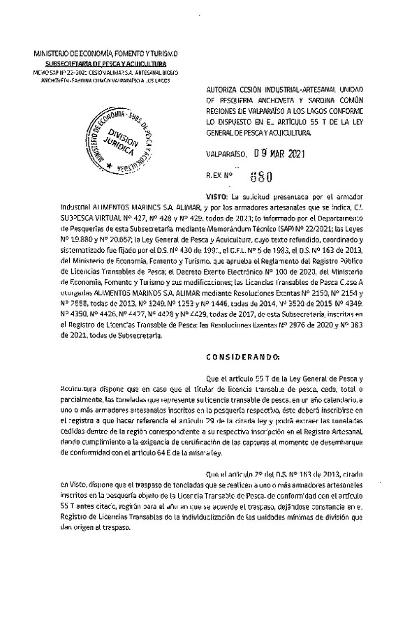 Res. Ex. N° 680-2021 Autoriza cesión pesquería Anchoveta y Sardina común, Regiones de Valparaíso a Los Lagos. (Publicado en Página Web 09-03-2021)