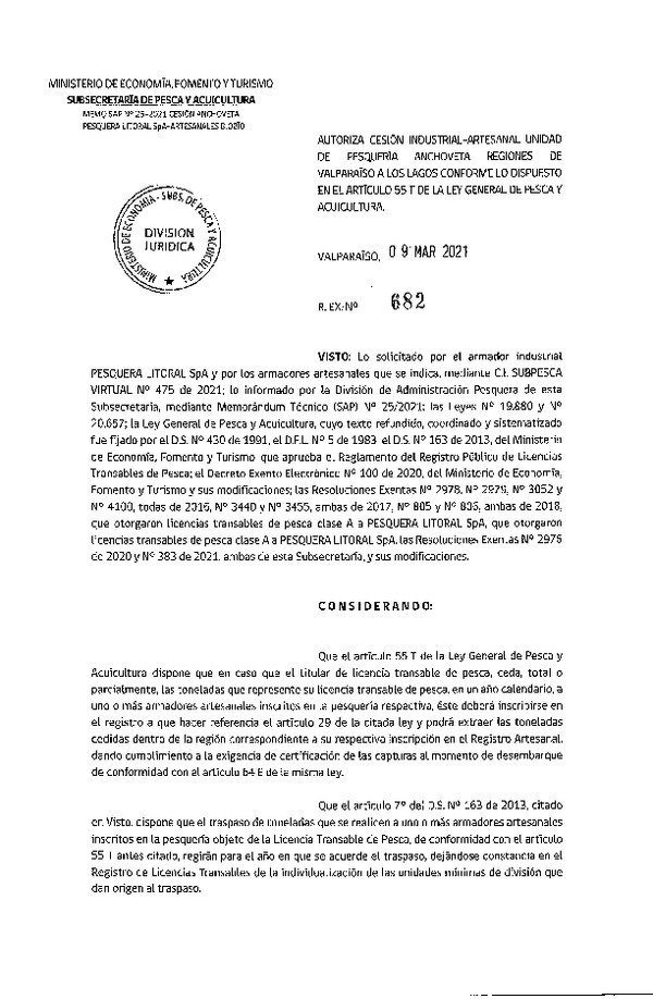 Res. Ex. N° 682-2021 Autoriza cesión pesquería Anchoveta, Regiones de Valparaíso a Los Lagos. (Publicado en Página Web 09-03-2021)