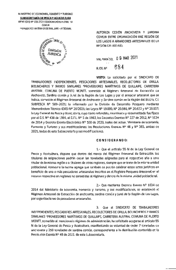 Res. Ex. N° 684-2021 Autoriza Cesión anchoveta y sardina común Región de Los Lagos a Región del Biobío. (Publicado en Página Web 09-03-2021).