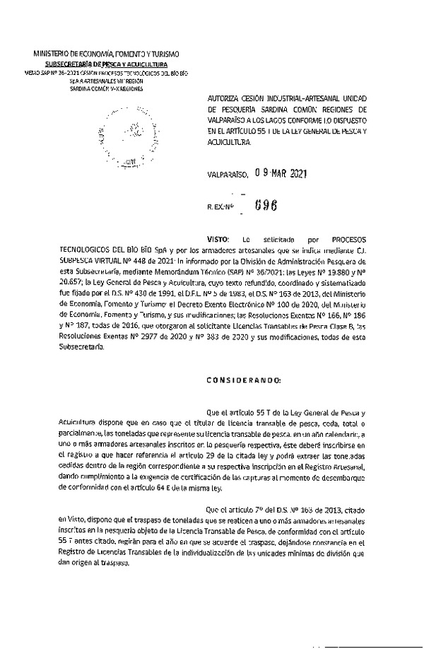 Res. Ex. N° 696-2021 Autoriza cesión pesquería Anchoveta, Regiones de Valparaíso a Los Lagos. (Publicado en Página Web 10-03-2021)