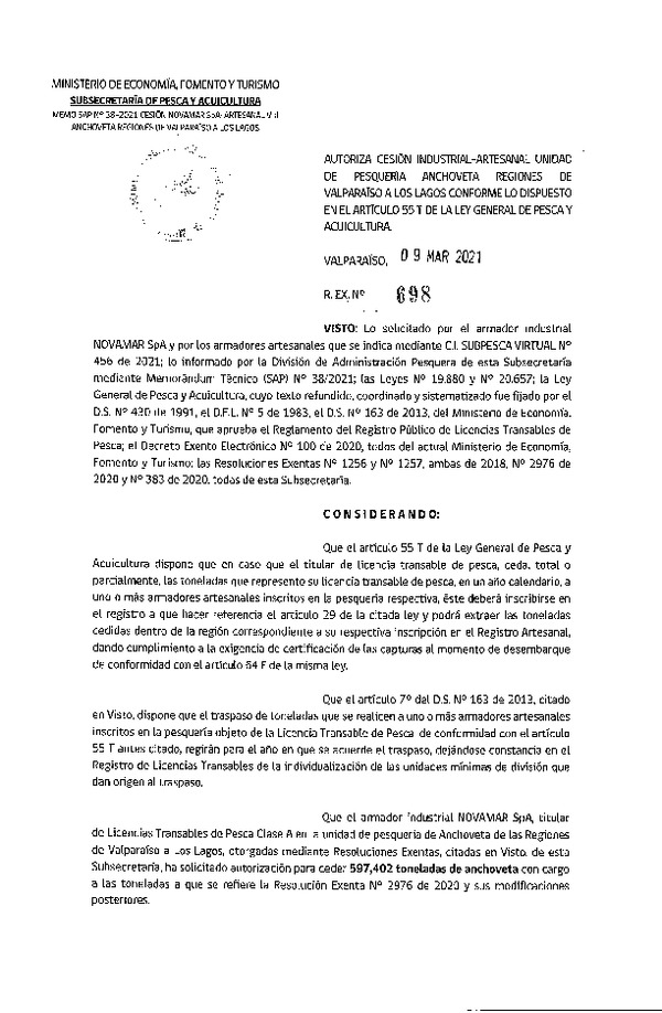 Res. Ex. N° 698-2021 Autoriza cesión pesquería Anchoveta, Regiones de Valparaíso a Los Lagos. (Publicado en Página Web 10-03-2021)