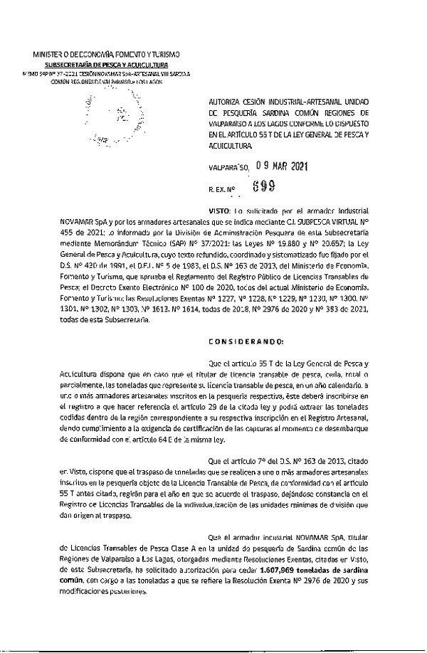 Res. Ex. N° 699-2021 Autoriza cesión pesquería Anchoveta, Regiones de Valparaíso a Los Lagos. (Publicado en Página Web 10-03-2021)