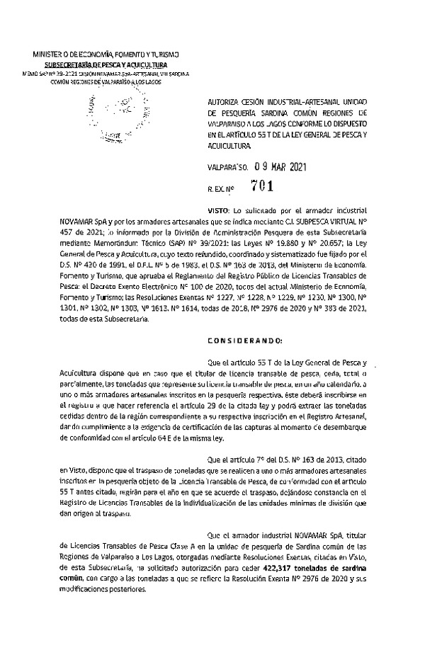 Res. Ex. N° 701-2021 Autoriza cesión pesquería Anchoveta, Regiones de Valparaíso a Los Lagos. (Publicado en Página Web 10-03-2021)