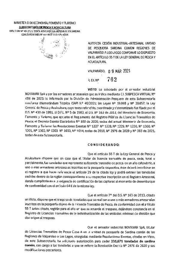 Res. Ex. N° 702-2021 Autoriza cesión pesquería Anchoveta, Regiones de Valparaíso a Los Lagos. (Publicado en Página Web 10-03-2021)