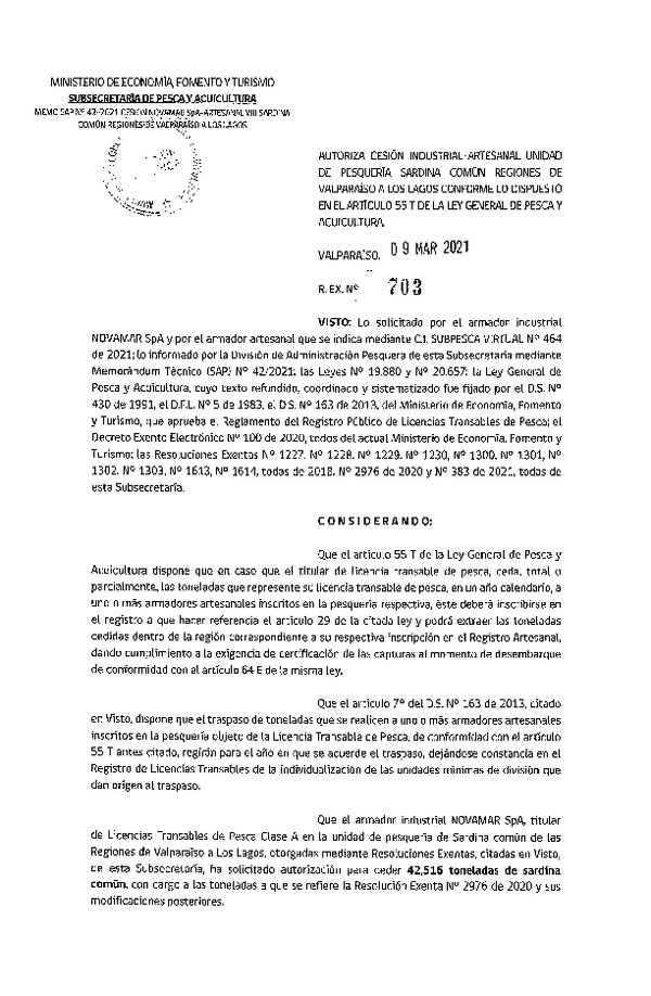 Res. Ex. N° 703-2021 Autoriza cesión pesquería Anchoveta, Regiones de Valparaíso a Los Lagos. (Publicado en Página Web 10-03-2021)