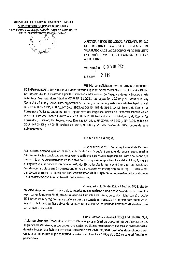 Res. Ex. N° 716-2021 Autoriza cesión pesquería Anchoveta, Regiones de Valparaíso a Los Lagos. (Publicado en Página Web 10-03-2021)