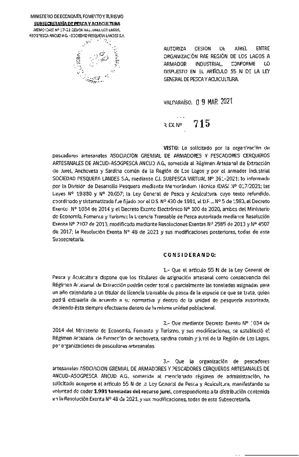 Res. Ex. N° 715-2021 Autoriza cesión Jurel de Región de Los lagos. (Publicado en Página Web 10-03-2021)
