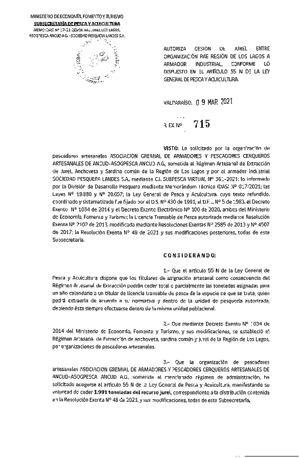 Res. Ex. N° 715-2021 Autoriza cesión Jurel de Región de Los lagos. (Publicado en Página Web 10-03-2021)