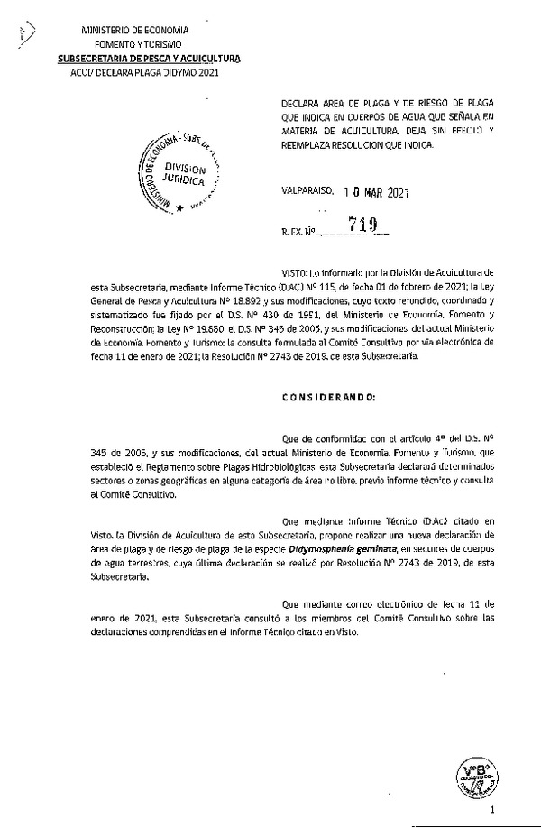 Res. Ex. N° 719-2021 Declara Área de Plaga y de Riesgo de Plaga que Indica, en Cuerpos de Agua de la Región del Maule a Región de Magallanes y La Antártica Chilena. (Publicado en Página Web 11-03-2021)