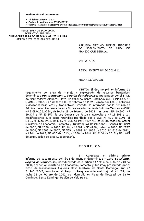 RESOL. EXENTA Nº E-2021-111 Aprueba 11° Seguimiento. (Publicado en Página Web 11-03-2021)