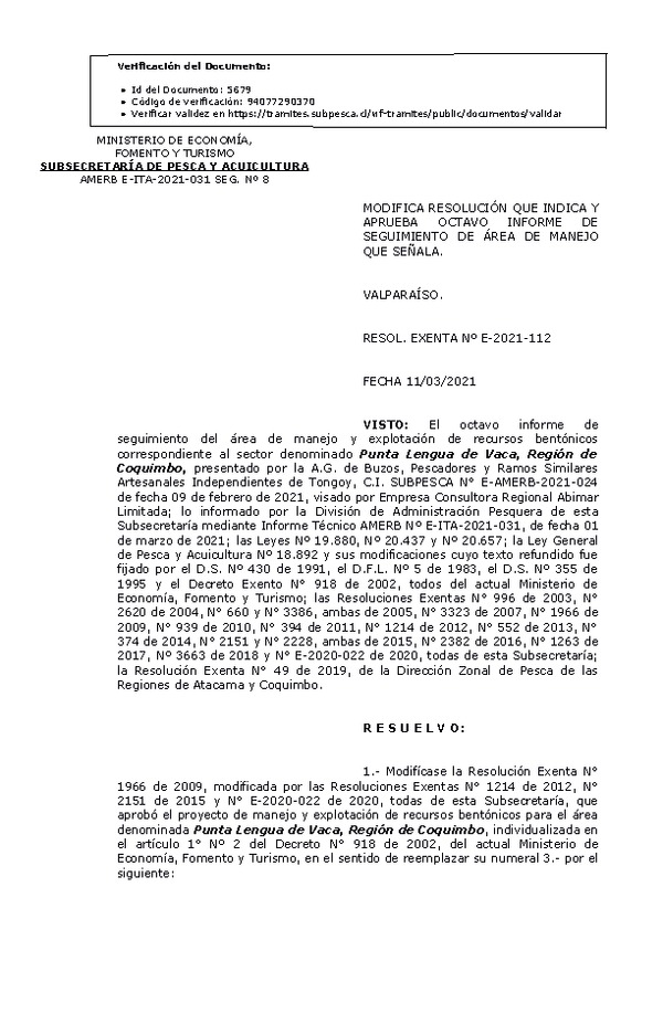 RESOL. EXENTA Nº E-2021-112 Modifica Resolución que Indica y Aprueba 8° Seguimiento. (Publicado en Página Web 11-03-2021)