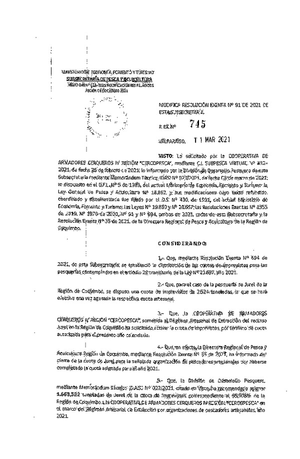 Res. Ex. N° 745-2021 Modifica Res. Ex. N° 91-2021 Distribución de la Fracción Artesanal de Pesquería de Anchoveta y Jurel, Región de Coquimbo, Año 2021. (Publicado en Página Web 11-03-2021)