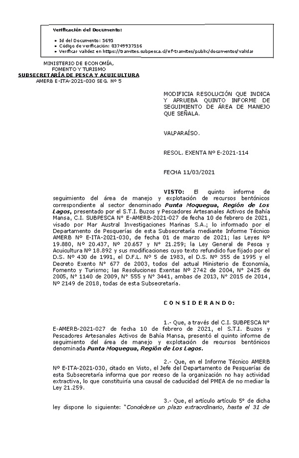 RESOL. EXENTA Nº E-2021-114 Modifica Resolución que indica. Aprueba 5° Seguimiento. (Publicado en Página Web 11-03-2021)