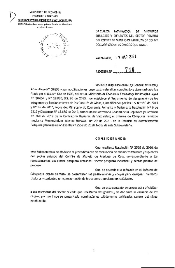 Res. Ex. N° 746-2021 Oficializa Nominación de Miembros Titulares y Suplentes del Sector Privado del Comité de Manejo Merluza de Cola. (Publicado en Página Web 11-03-2021)