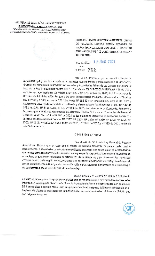 Res. Ex. N° 762-2021 Autoriza cesión pesquería Sardina común, Regiones de Valparaíso a Los Lagos. (Publicado en Página Web 12-03-2021)