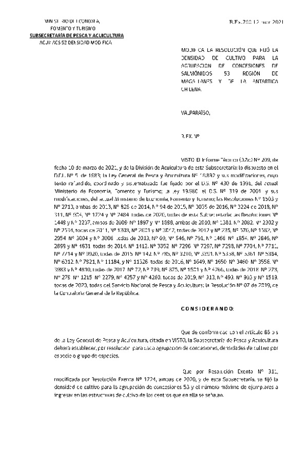 Res. Ex. DIG N° 760-2021 Modifica Res. Ex. N° 311-2020, Fija densidad de Cultivo para la Agrupación de concesiones de Salmónidos 53, en la Región de Magallanes y de la Antártica Chilena. Fija Número máximo de ejemplares a ingresar en las estructuras de cultivo que señala. (Publicado en Página Web 12-03-2021)