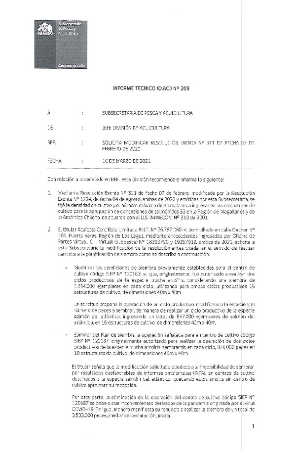 NFORME TÉCNICO (D. AC.) N° 209 SOLICITA MODIFICAR RESOLUCIÓN EXENTA Nº 311DE 2020.