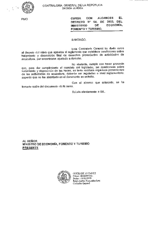 D.S. N° 64-2020 Aprueba Reglamento que Establece Condiciones Sobre Tratamiento y Disposición Final de Desechos Provenientes de Actividades de Acuicultura. (Publicado en Página Web 16-03-2021) (F.D.O. 16-03-2021)