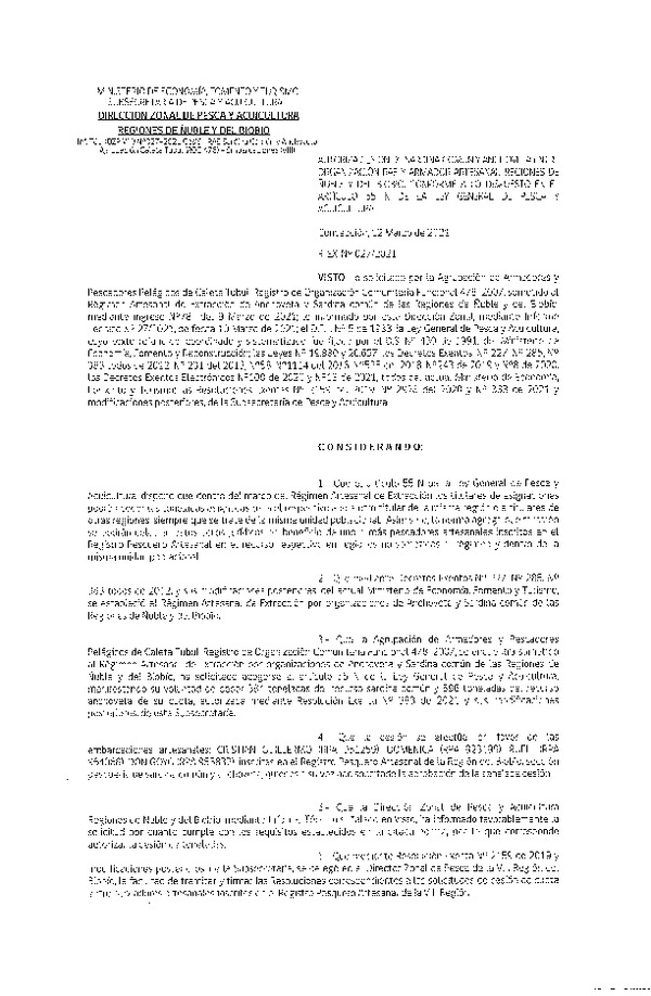 Res. Ex. N° 027-2021 (DZP Ñuble y del Biobío) Autoriza cesión Sardina Común y Anchoveta Región de Ñuble-Biobío (Publicado en Página Web 16-03-2021)