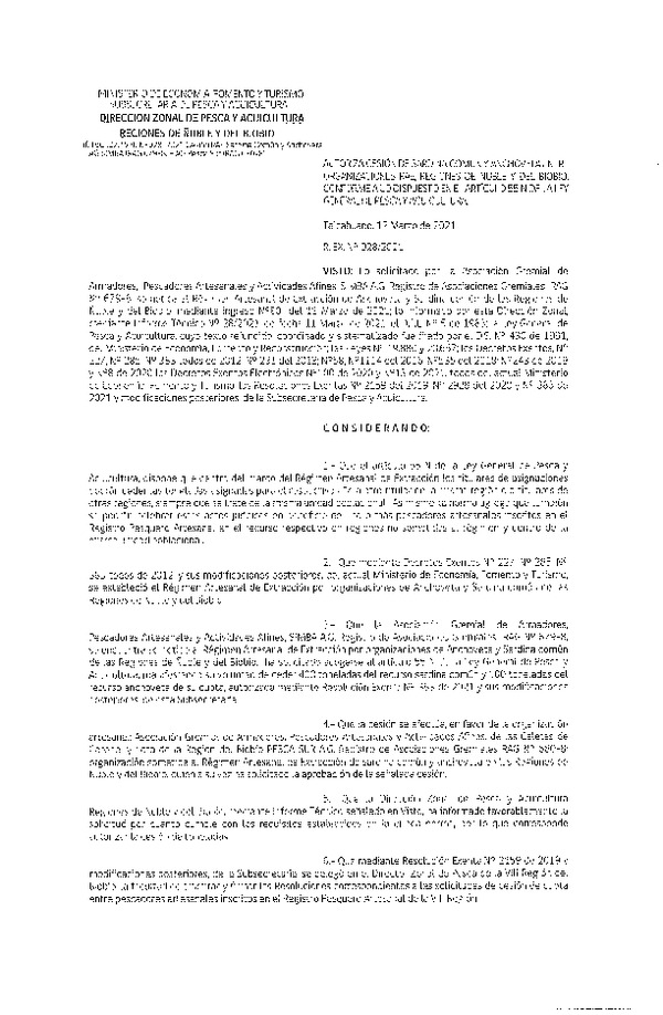 Res. Ex. N° 028-2021 (DZP Ñuble y del Biobío) Autoriza cesión Sardina Común y Anchoveta Región de Ñuble-Biobío (Publicado en Página Web 16-03-2021)