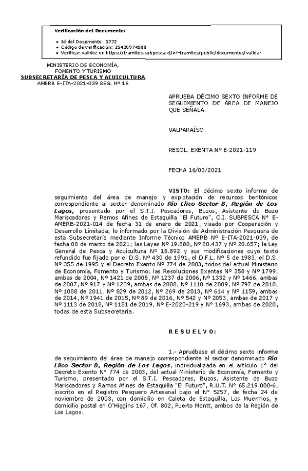 RESOL. EXENTA Nº E-2021-119 16° Seguimiento. (Publicado en Página Web 16-03-2021)