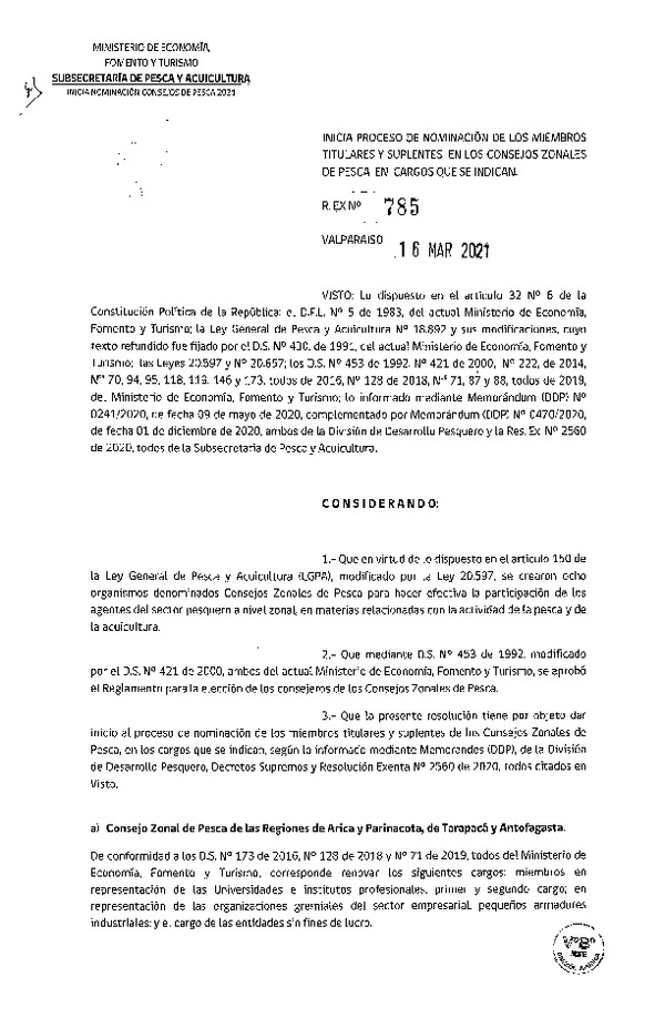 Res. Ex. N° 785-2021 Inicia Proceso de Nominación de los Miembros Titulares y Suplentes en los Consejos Zonales de Pesca en Cargos que se Indican. (Publicado en Página Web 16-03-2021)