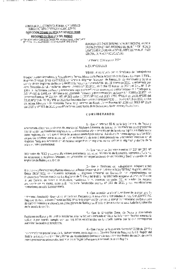 Res. Ex. N° 030-2021 (DZP Ñuble y del Biobío) Autoriza cesión Sardina Común y Anchoveta Región de Ñuble-Biobío (Publicado en Página Web 18-03-2021)