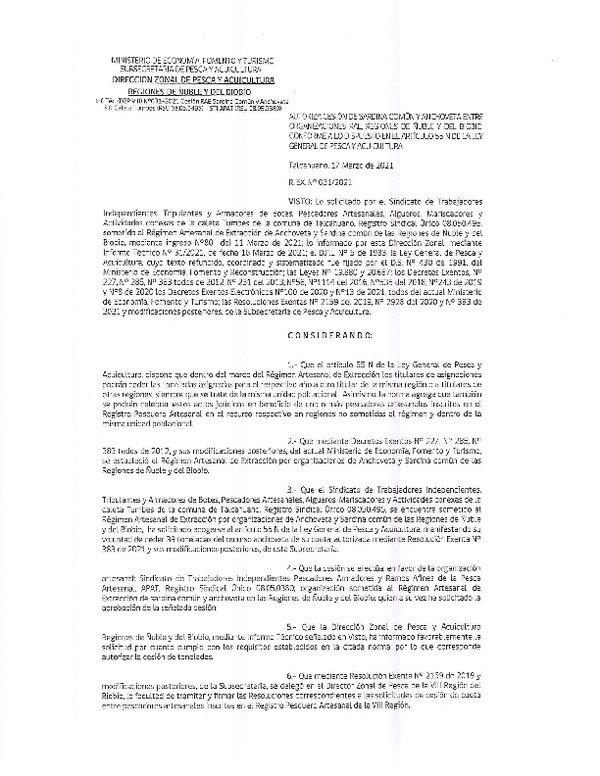 Res. Ex. N° 031-2021 (DZP Ñuble y del Biobío) Autoriza cesión Sardina Común y Anchoveta Región de Ñuble-Biobío (Publicado en Página Web 18-03-2021)