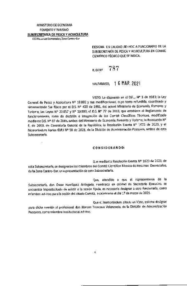 Res. Ex. N° 787-2021 Designa Funcionario en Calidad Ad-Hoc a Funcionario de la Subsecretaría de Pesca y Acuicultura en Comité Científico Técnico de Recursos Demersales Zona Centro-Sur. (Publicado en Página Web 18-03-2021)