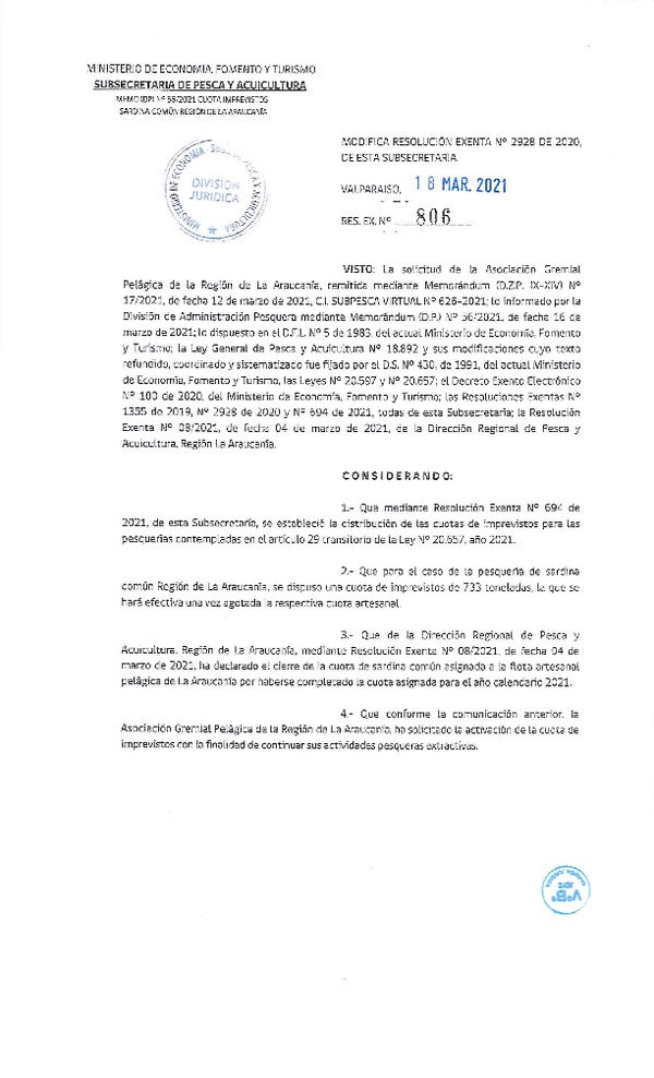 Res. Ex. N° 806-2021 Modifica Res. Ex. N° 2928-2020 Establece Distribución de las Fracciones Artesanales de Anchoveta y Sardina Común, Regiones de Valparaíso a Los Lagos, por Región, Año 2021 (Publicado en Página Web 18-03-2021)