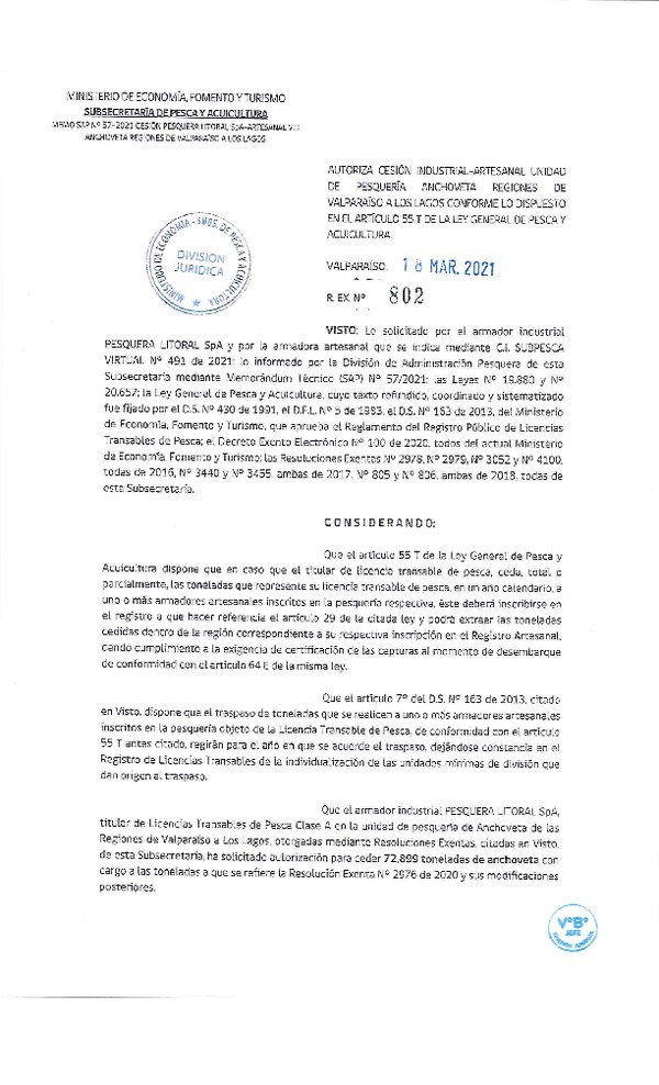 Res. Ex. N° 802-2021 Autoriza cesión pesquería Anchoveta, Regiones de Valparaíso a Los Lagos. (Publicado en Página Web 18-03-2021)