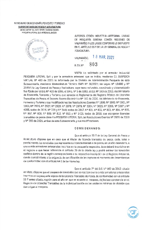 Res. Ex. N° 803-2021 Autoriza cesión pesquería Sardina común, Regiones de Valparaíso a Los Lagos. (Publicado en Página Web 18-03-2021)