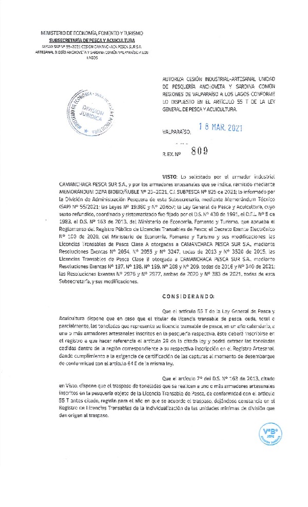 Res. Ex. N° 809-2021 Autoriza cesión pesquería Sardina común y Anchoveta, Regiones de Valparaíso a Los Lagos. (Publicado en Página Web 18-03-2021)