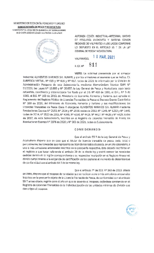Res. Ex. N° 811-2021 Autoriza cesión pesquería Sardina común y Anchoveta, Regiones de Valparaíso a Los Lagos. (Publicado en Página Web 18-03-2021)