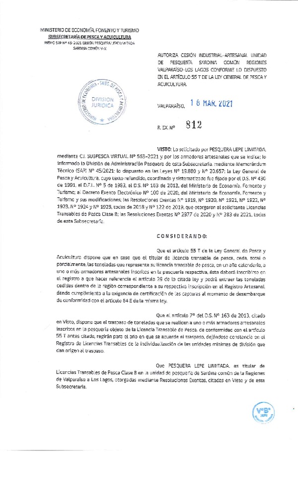 Res. Ex. N° 812-2021 Autoriza cesión pesquería Sardina común, Regiones de Valparaíso a Los Lagos. (Publicado en Página Web 18-03-2021)