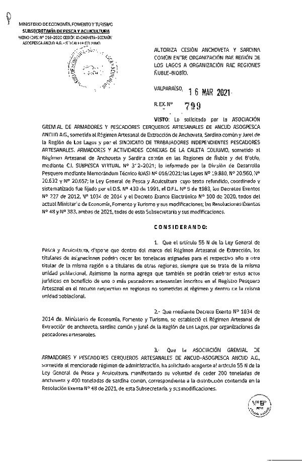 Res. Ex. N° 799-2021 Autoriza Cesión anchoveta y sardina común Región de Los Lagos a Región de Ñuble- Biobío. (Publicado en Página Web 18-03-2021).