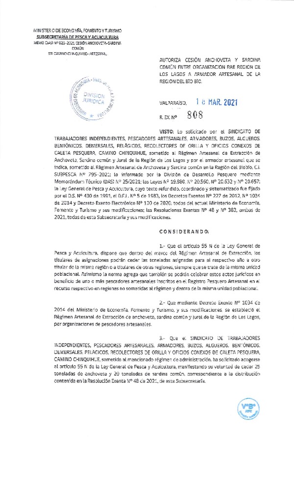 Res. Ex. N° 808-2021 Autoriza Cesión anchoveta y sardina común Región de Los Lagos a Región de Ñuble- Biobío. (Publicado en Página Web 18-03-2021).