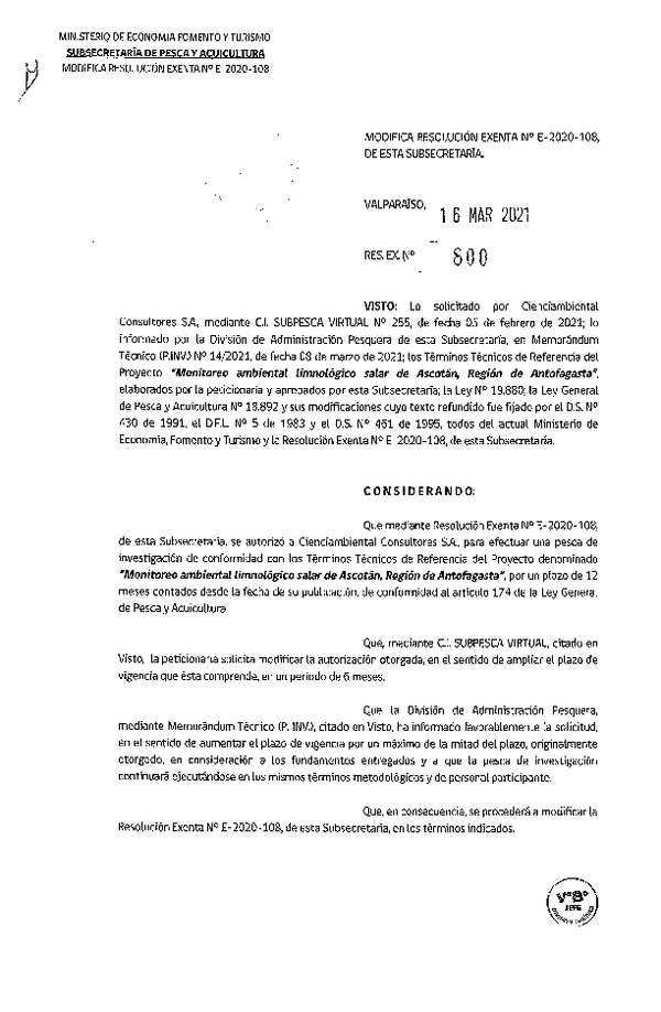 Res. Ex. N° 800-2021 Modifica Res. Ex. N° E-2020-108, Monitoreo ambiental limnológico, Región de Antofagasta. (Publicado en Página Web 18-03-2021).