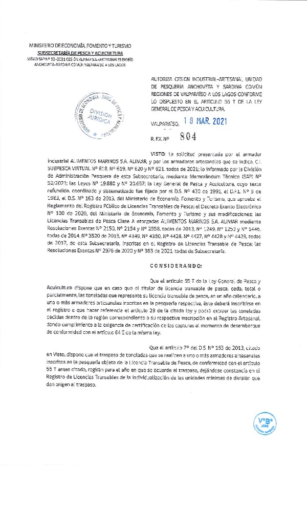 Res. Ex. N° 804-2021 Autoriza cesión pesquería Sardina común y Anchoveta, Regiones de Valparaíso a Los Lagos. (Publicado en Página Web 18-03-2021)