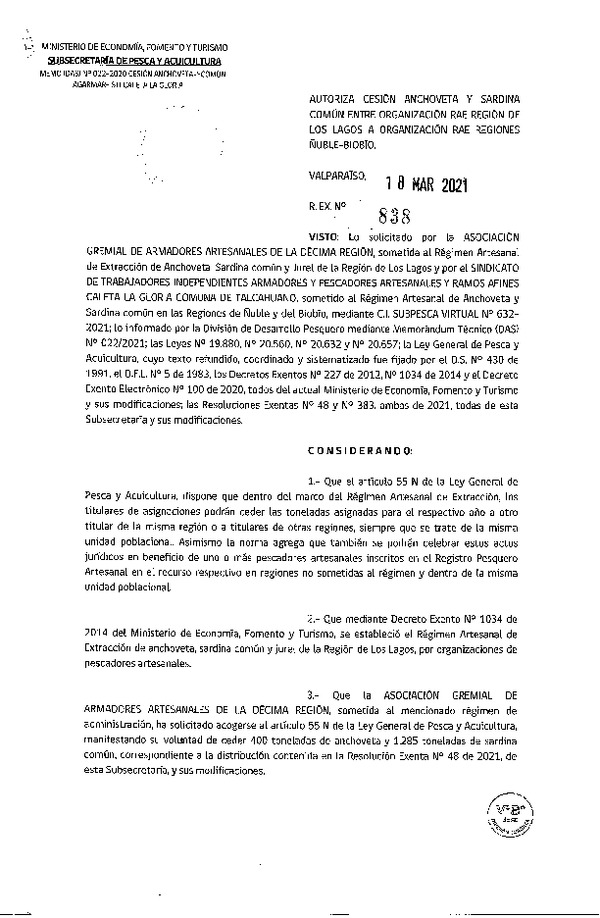 Res. Ex. N° 838-2021 Autoriza Cesión anchoveta y sardina común Región de Los Lagos a Región de Ñuble- Biobío. (Publicado en Página Web 19-03-2021).