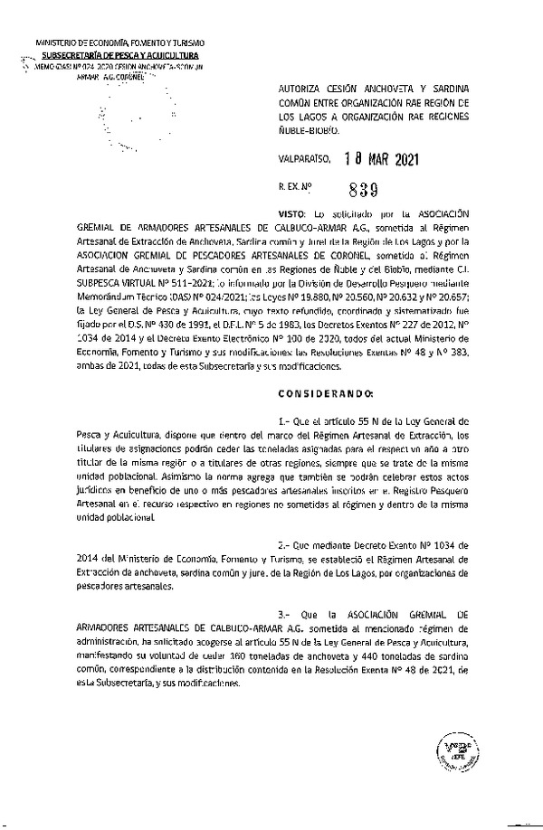 Res. Ex. N° 839-2021 Autoriza Cesión anchoveta y sardina común Región de Los Lagos a Región de Ñuble- Biobío. (Publicado en Página Web 19-03-2021).