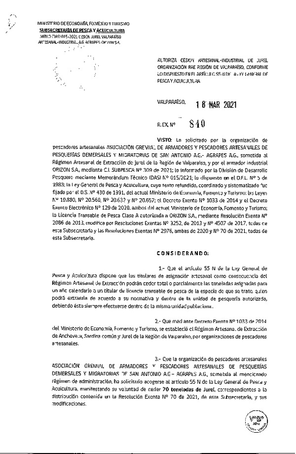 Res. Ex. N° 840-2021 Autoriza cesión Jurel Región de Valparaíso. (Publicado en Página Web 19-03-2021)