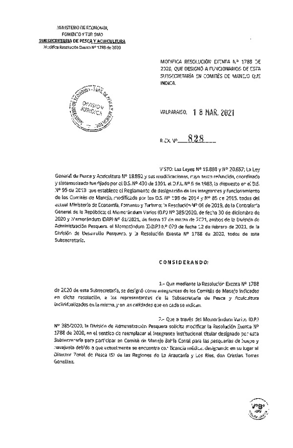 Res. Ex. N° 828-2021 Modifica Res. Ex. N° 1788-2020 Designa Funcionarios de la Subsecretaría de Pesca y Acuicultura en Comités de Manejo que Indica. (Publicado en Página Web 19-03-2021)