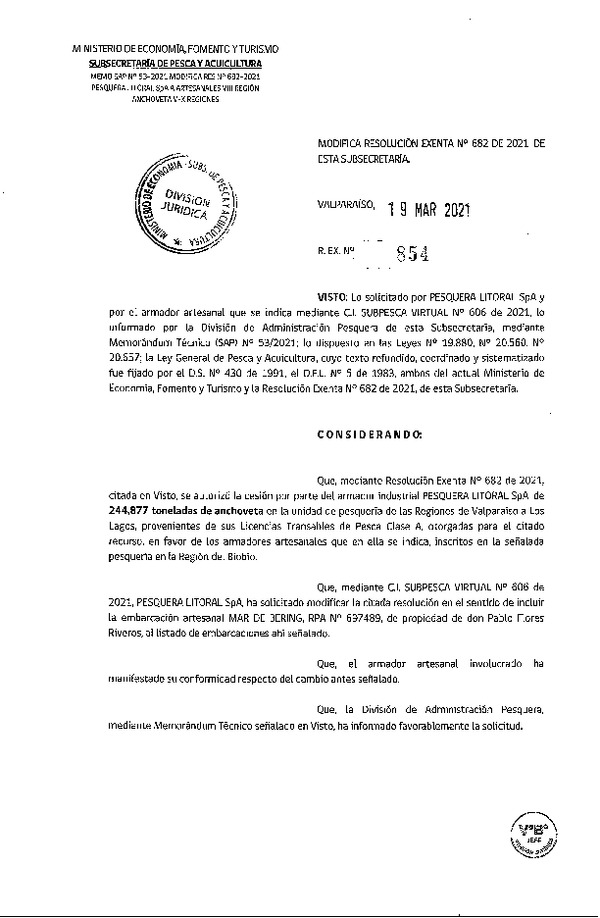 Res. Ex. N° 854-2021 Modifica Res. Ex. N° 682-2021 Autoriza cesión pesquería Anchoveta, Regiones de Valparaíso a Los Lagos. (Publicado en Página Web 19-03-2021)
