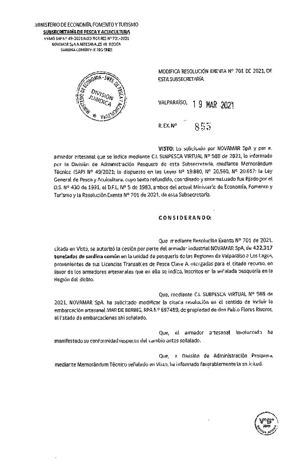 Res.Ex. N° 855-2021 Modifica Res. Ex. N° 701-2021 Autoriza cesión pesquería Anchoveta, Regiones de Valparaíso a Los Lagos. (Publicado en Página Web 19-03-2021)