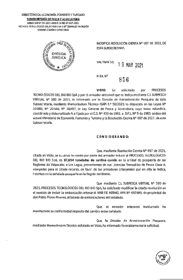 Res. Ex. N° 856-2021 Modifica Res. Ex. N° 697-2021 Autoriza cesión pesquería Anchoveta, Regiones de Valparaíso a Los Lagos. (Publicado en Página Web 19-03-2021)