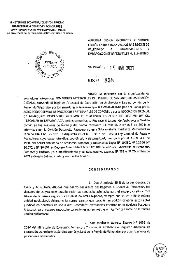 Res. Ex. N° 858-2021 Autoriza Cesión anchoveta y sardina común Región de Valparaíso a Región de Ñuble- Biobío. (Publicado en Página Web 19-03-2021).
