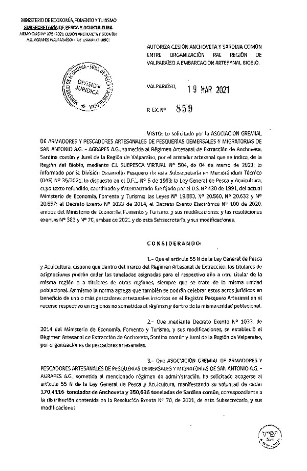 Res. Ex. N° 859-2021 Autoriza Cesión anchoveta y sardina común Región de Valparaíso a Región del Biobío. (Publicado en Página Web 19-03-2021).