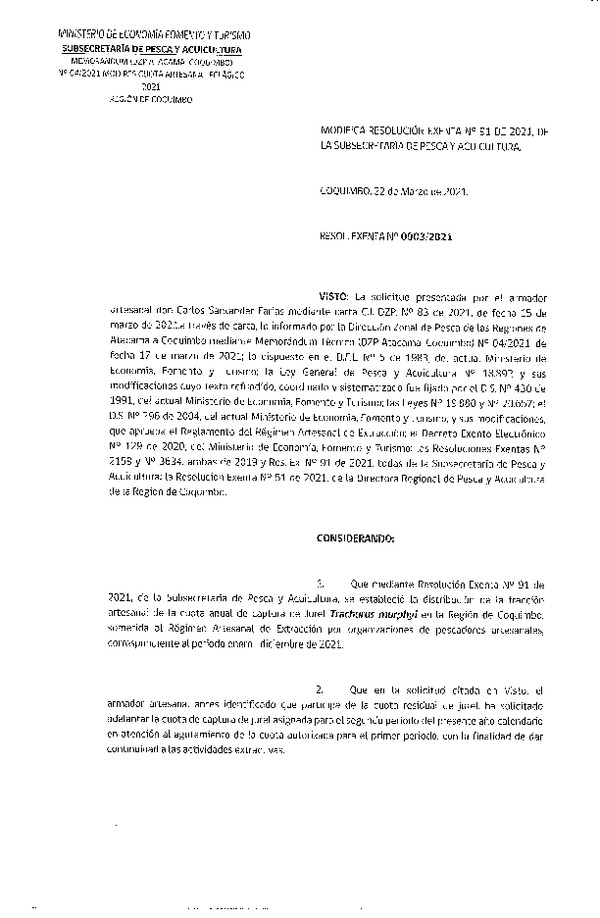 Res. Ex. N° 0003-2021 (DZP Atacama y Coquimbo) Modifica Res. Ex. N° 91-2021 Distribución de la Fracción Artesanal de Pesquería de Anchoveta y Jurel, Región de Coquimbo, Año 2021. (Publicado en Página Web 22-03-2021)